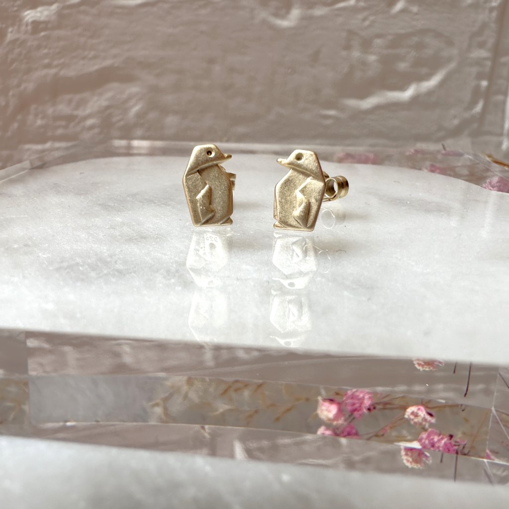 Cute Small Satin Gold Penguin Stud Earrings | 14k Gold Plated Sterling Silver